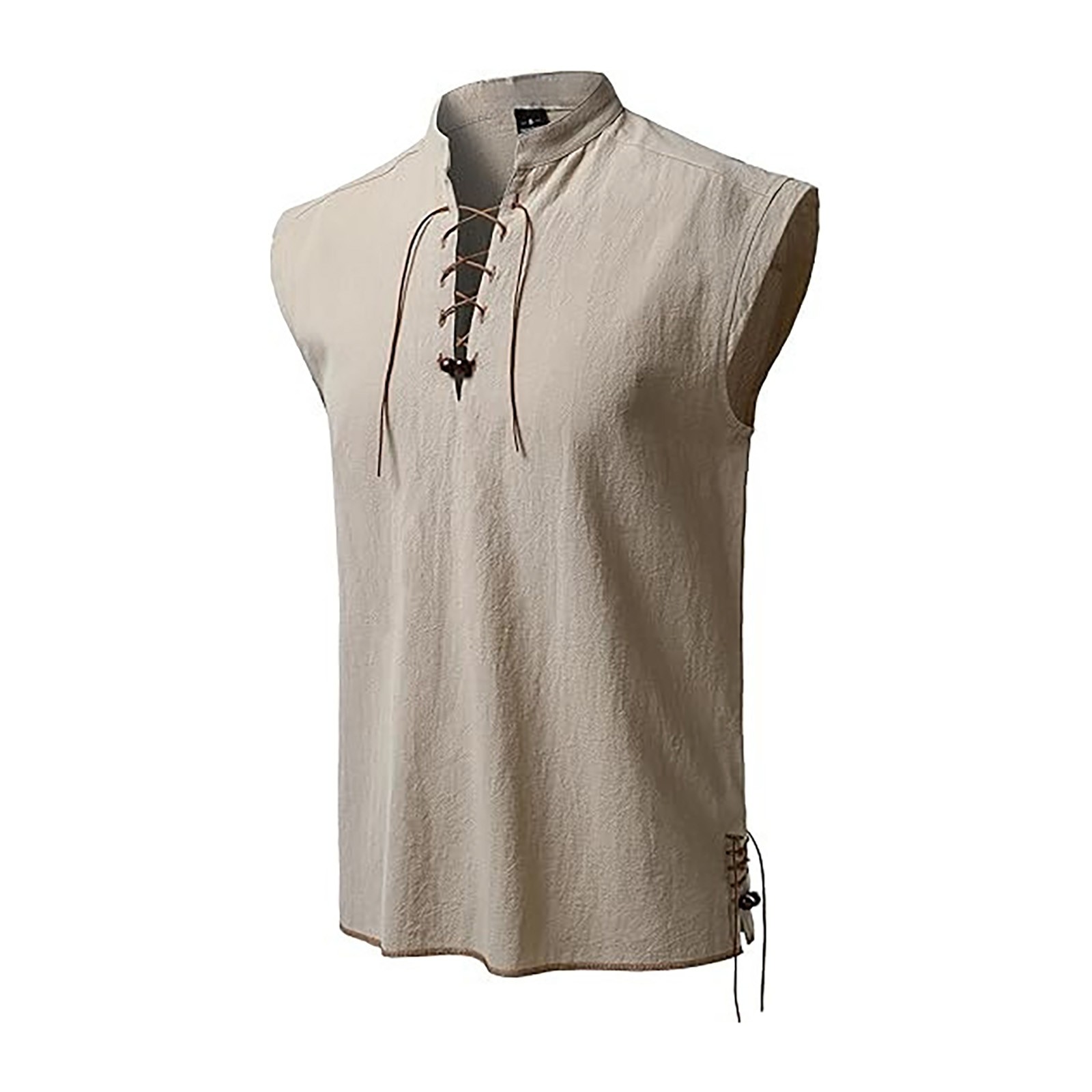 thumbnail image 2 of 2025 Camisa hippie de playa sin mangas para hombre - Mezcla de lino, cuello alto, ligera - Boho veraniego, S-XXL, 2 of 5